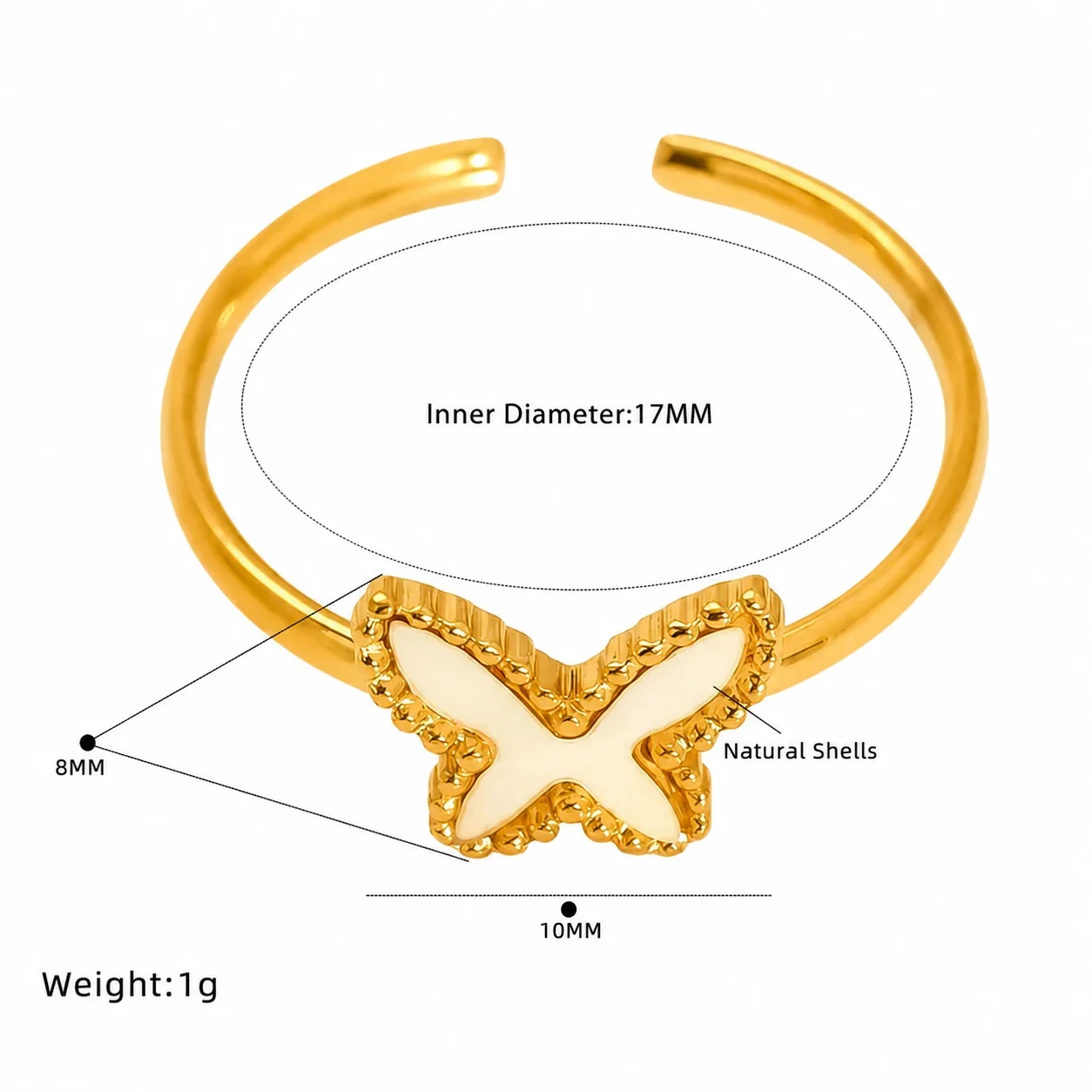 Playful Gold-Plated Open-Front Motif Stacking Ring - White Butterfly