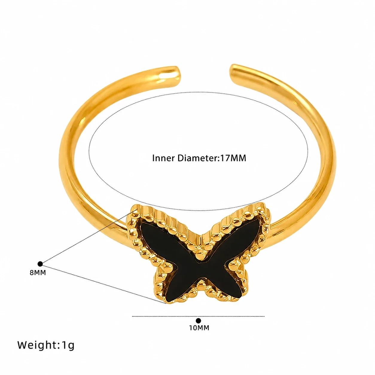 Playful Gold-Plated Open-Front Motif Stacking Ring - Black Butterfly