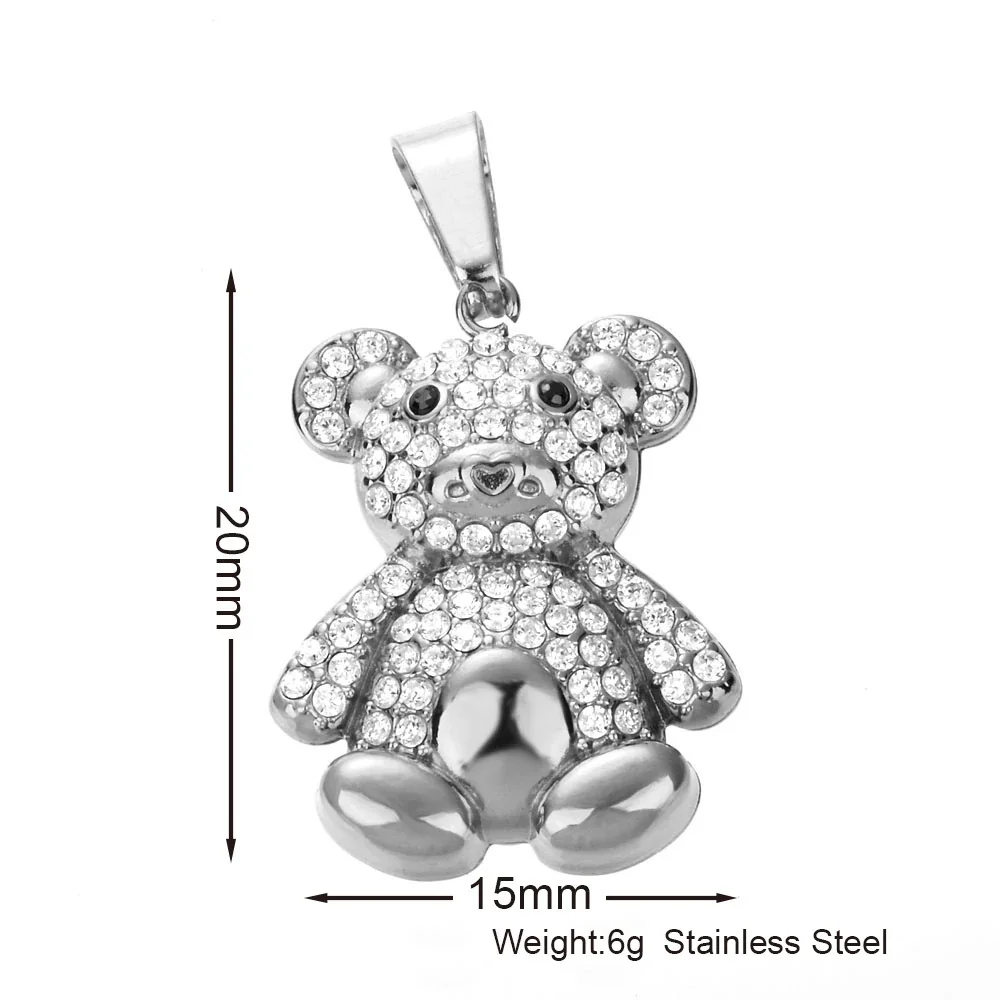 Playful 316 Stainless Steel Pavé Charm Pendant - Bear Silver