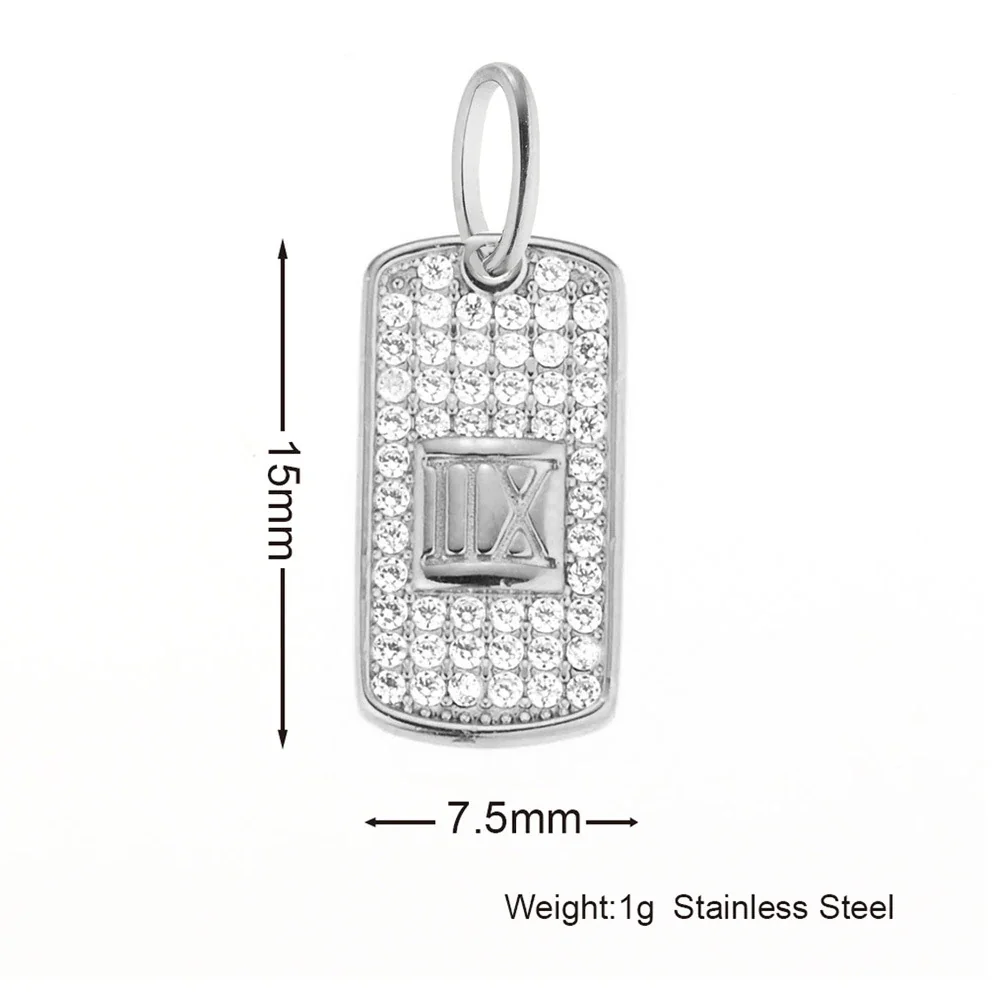 Playful 316 Stainless Steel Pavé Charm Pendant - Roman Numeral Tag Silver
