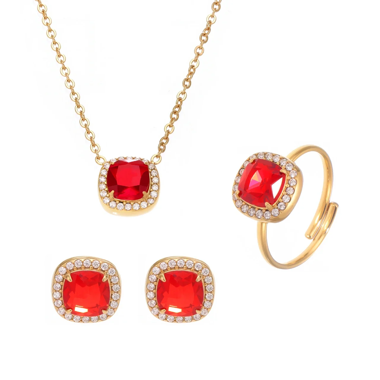 Radiant Gold-Plated Red Cushion CZ Jewelry Set