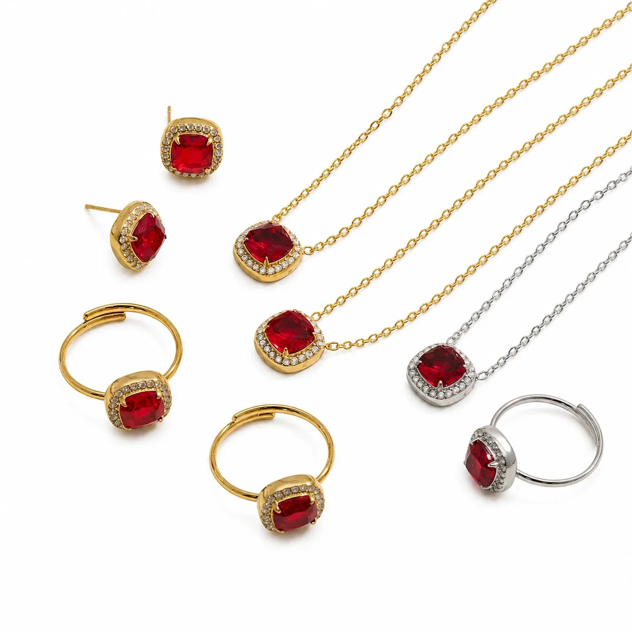 Radiant Gold-Plated Red Cushion CZ Jewelry Set