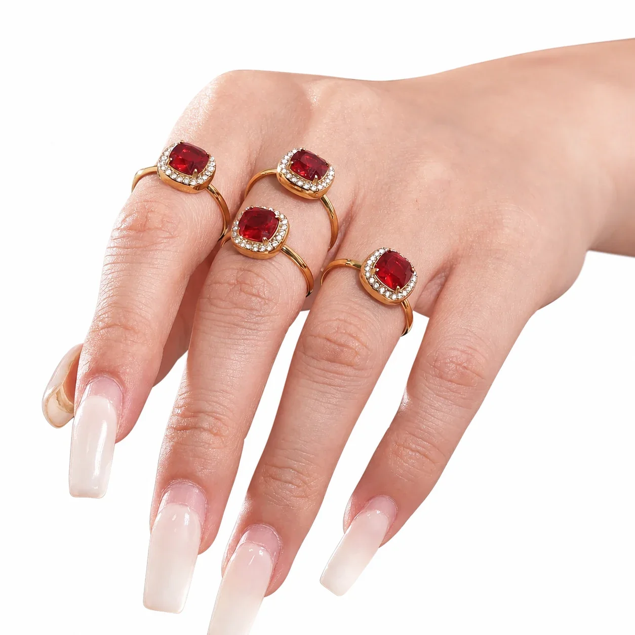 Radiant Gold-Plated Red Cushion CZ Jewelry Set