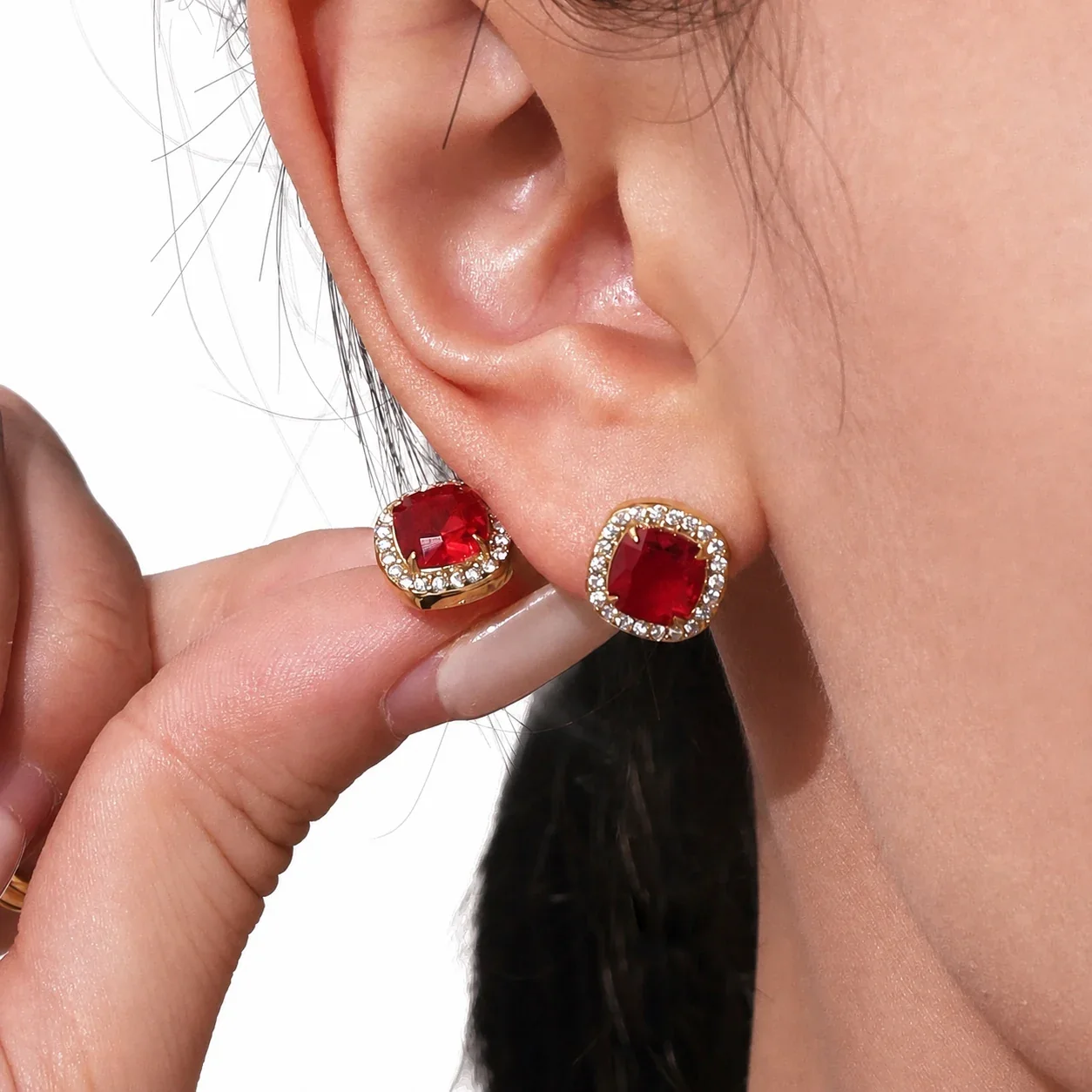 Radiant Gold-Plated Red Cushion CZ Jewelry Set