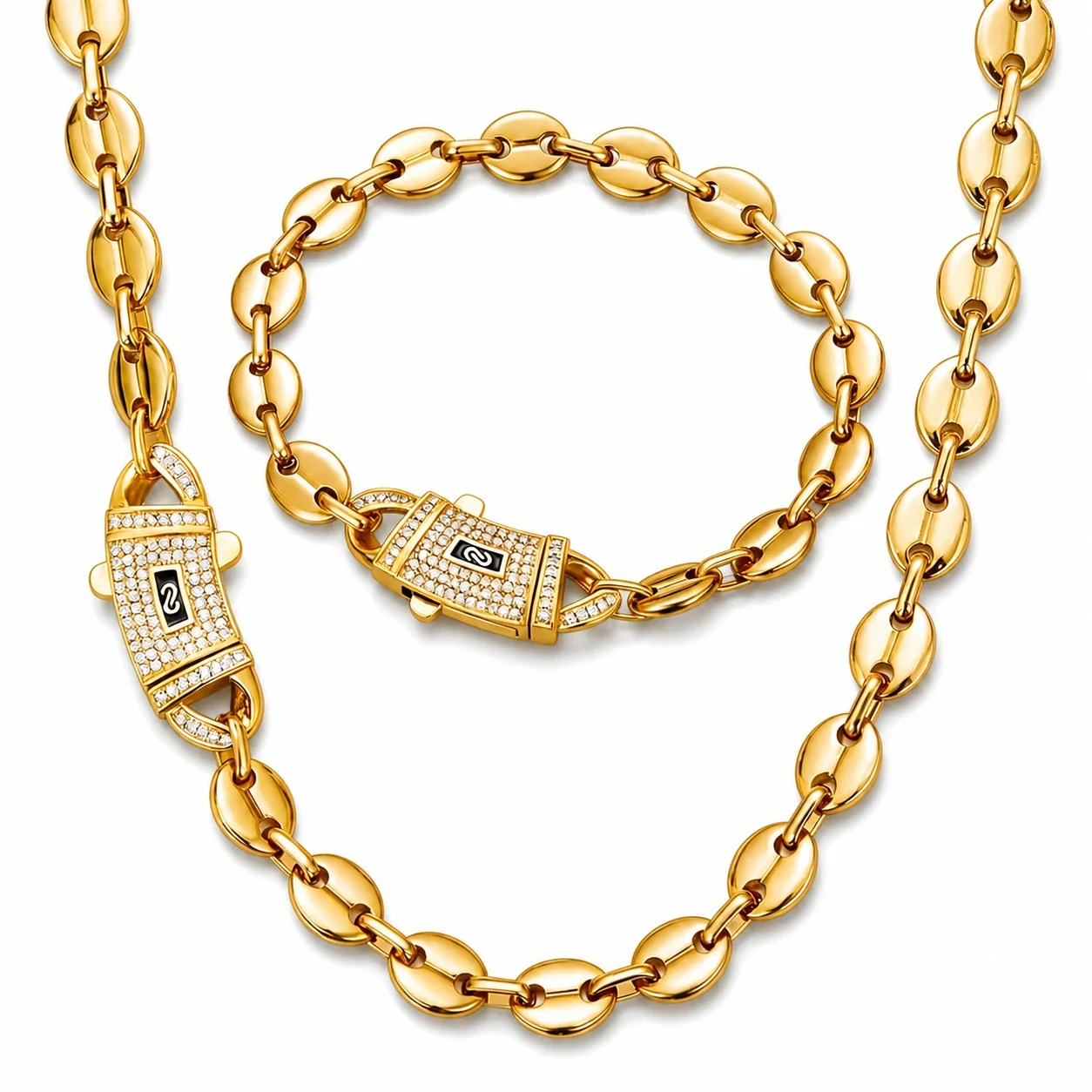 Bold Gold-Plated Stainless Steel Coffee Bean CZ Chain Necklace