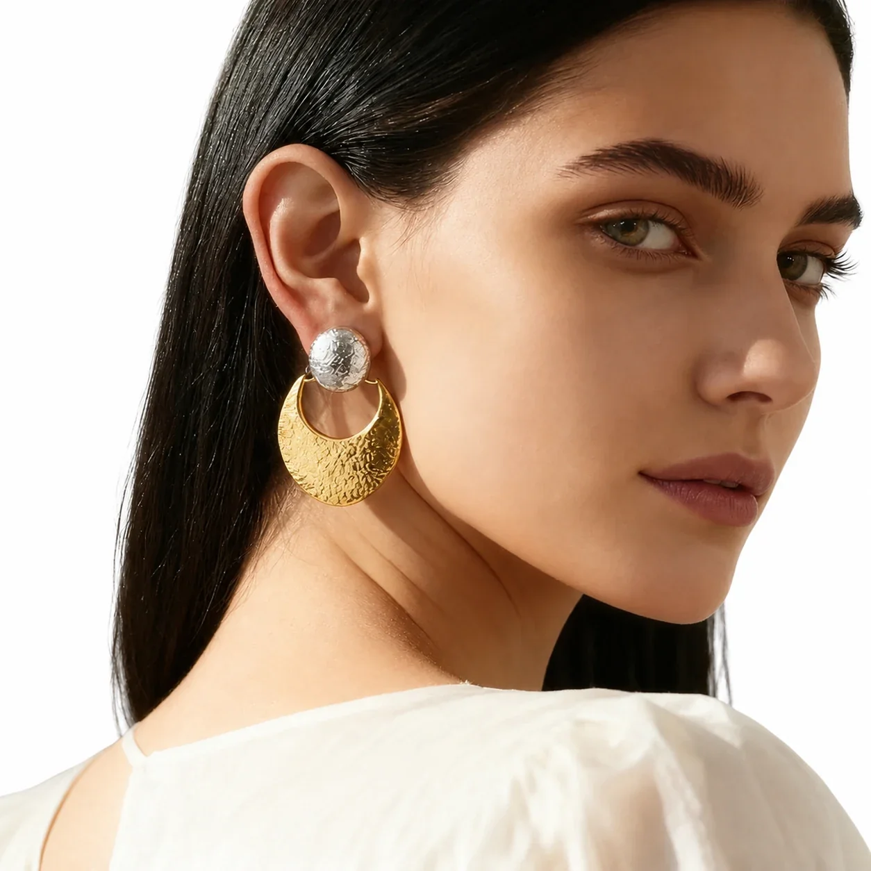Sculptural Stainless Steel Hammered Crescent Stud Earrings