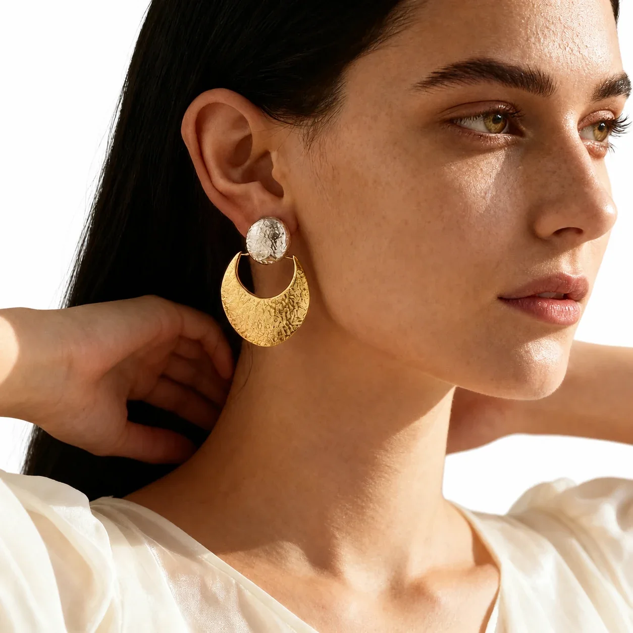 Sculptural Stainless Steel Hammered Crescent Stud Earrings