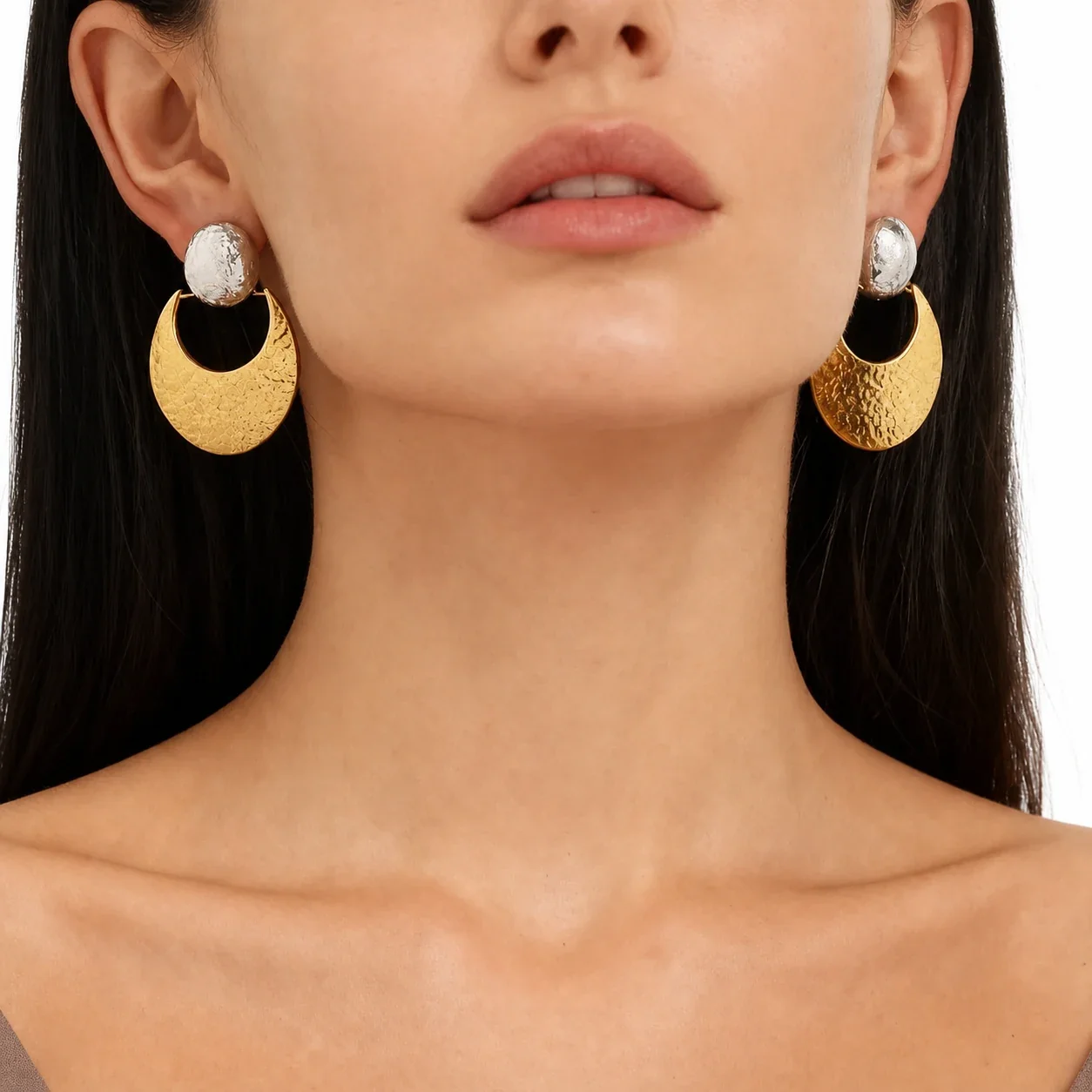 Sculptural Stainless Steel Hammered Crescent Stud Earrings
