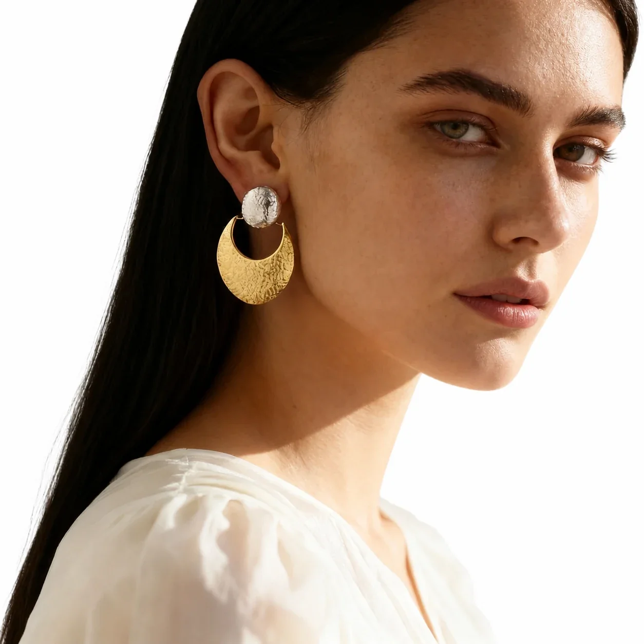 Sculptural Stainless Steel Hammered Crescent Stud Earrings