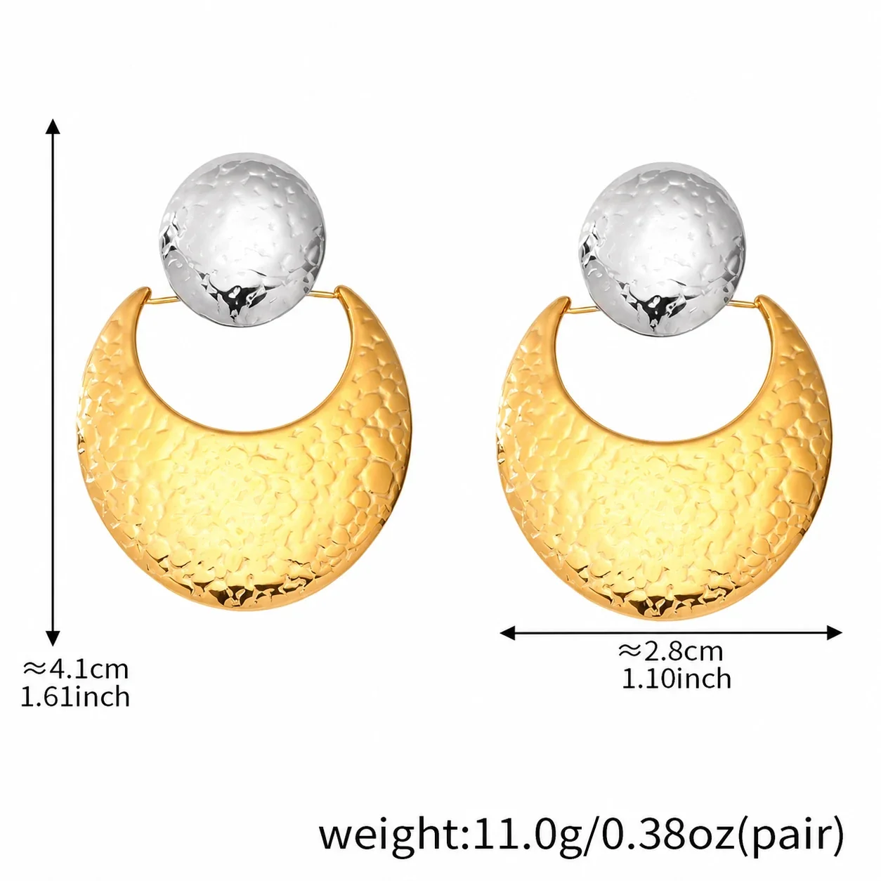 Sculptural Stainless Steel Hammered Crescent Stud Earrings - Tone Gold