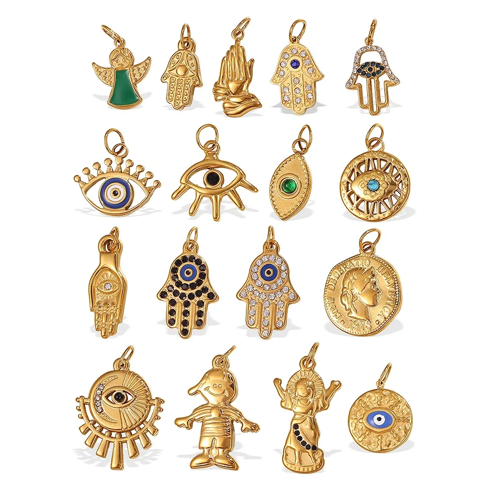 Evil Eye & Hamsa Pendant Charms, Gold-Plated 316 Stainless Steel