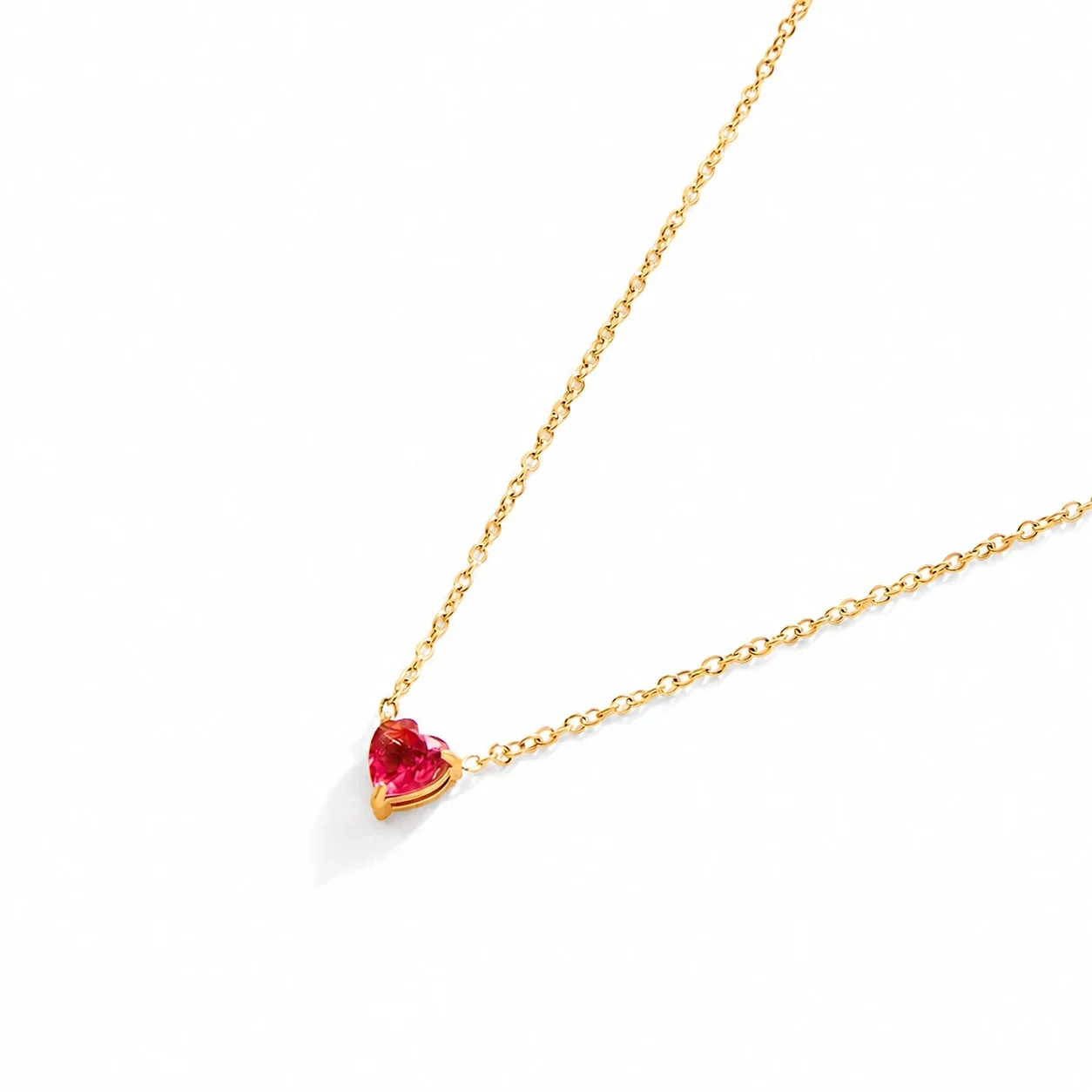 Dainty 18K Gold-Plated Steel Heart Crystal Necklace - January Deep Red Crystal