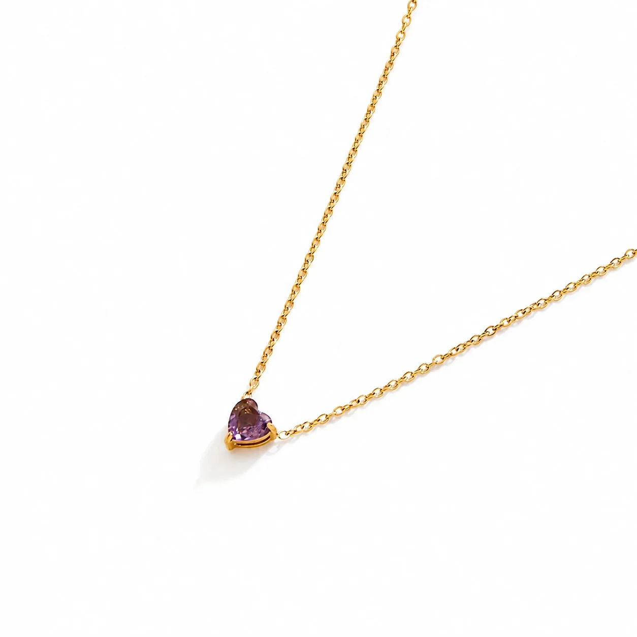 Dainty 18K Gold-Plated Steel Heart Crystal Necklace - February Purple Crystal