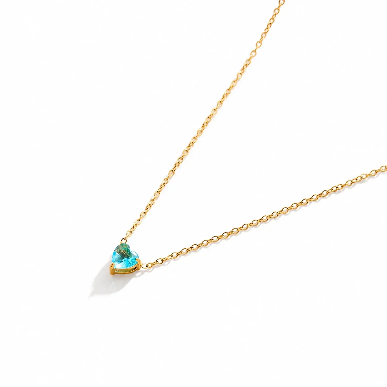 Dainty 18K Gold-Plated Steel Heart Crystal Necklace - March Aqua Crystal
