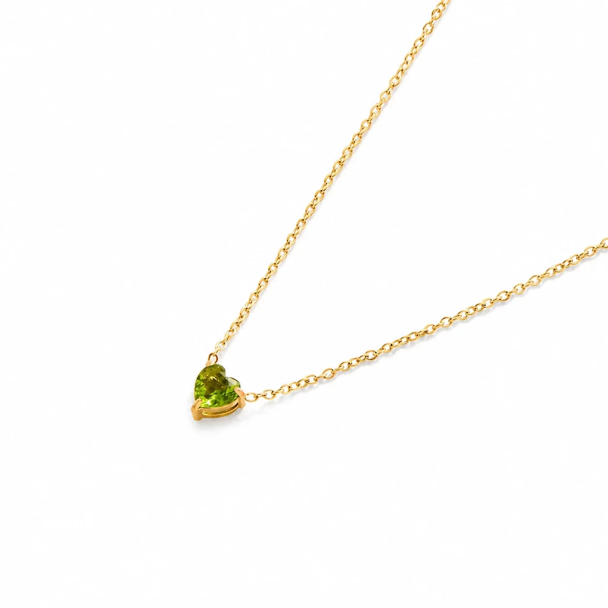 Dainty 18K Gold-Plated Steel Heart Crystal Necklace - August Olive-Green Crystal