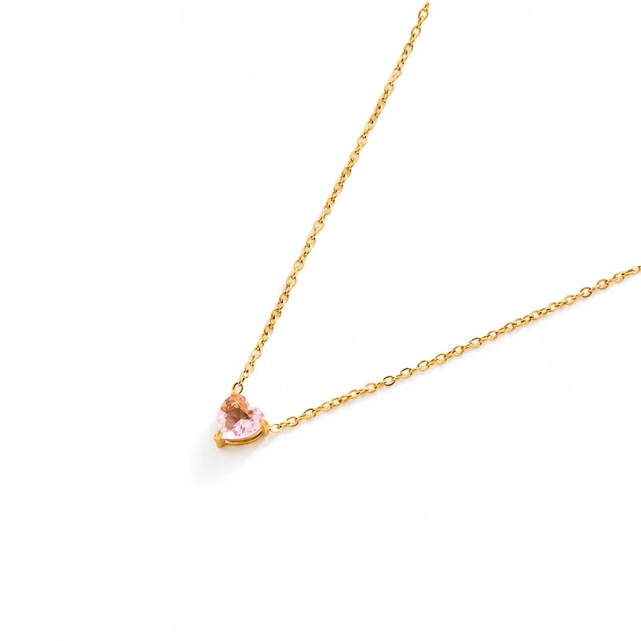 Dainty 18K Gold-Plated Steel Heart Crystal Necklace - October Pink Crystal