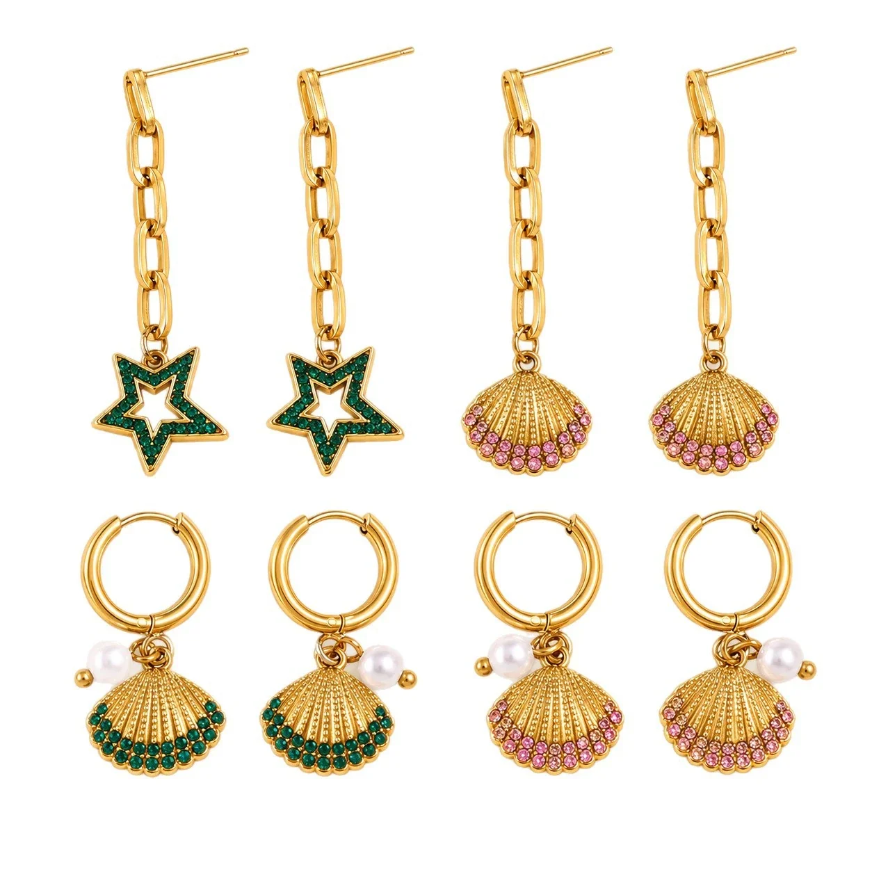 Boucles d'oreilles pendantes avec chaîne, motifs étoile et coquillage, acier plaqué or