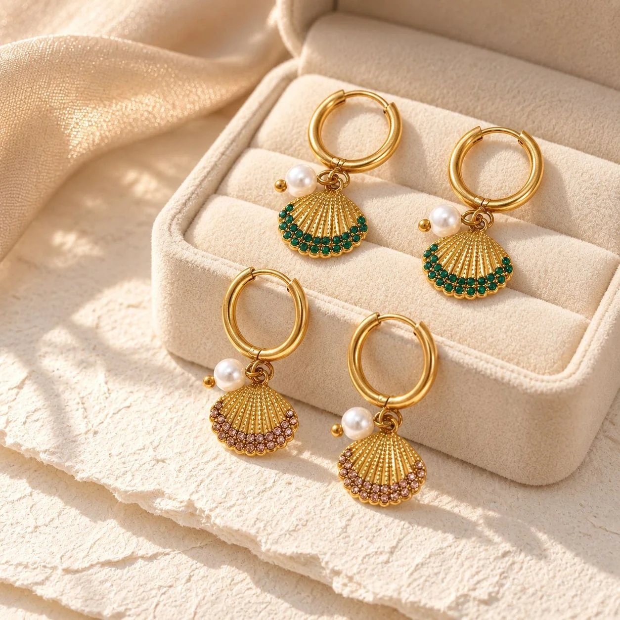 Photo produit : Boucles d'oreilles pendantes avec chaîne, motifs étoile et coquillage, acier plaqué or