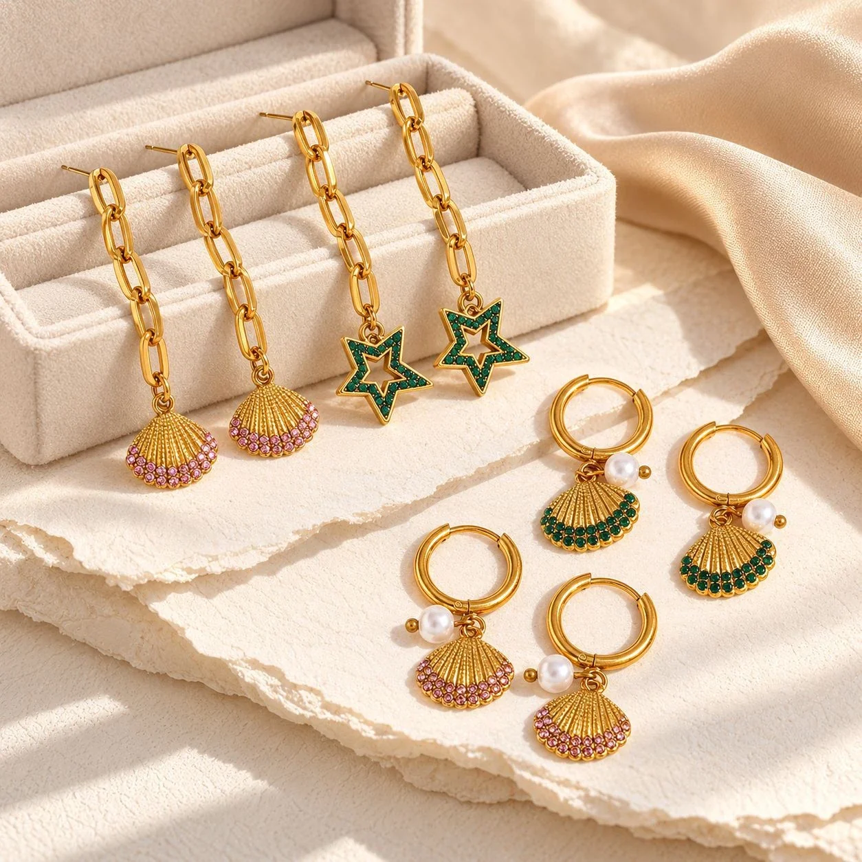 Photo produit : Boucles d'oreilles pendantes avec chaîne, motifs étoile et coquillage, acier plaqué or