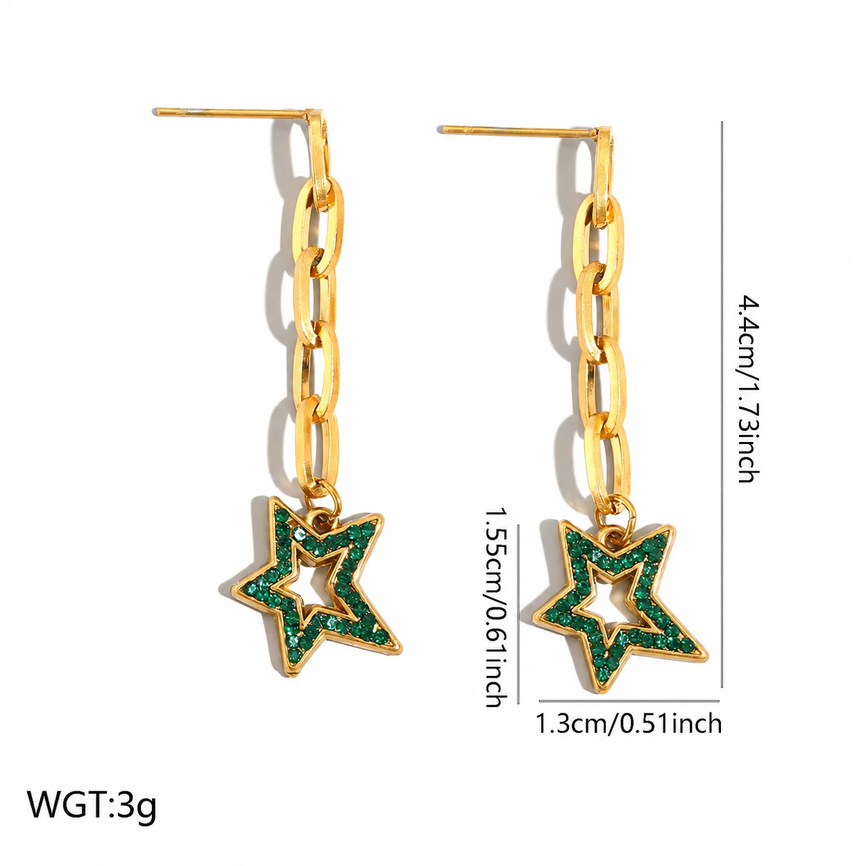 Photo produit : Boucles d'oreilles pendantes avec chaîne, motifs étoile et coquillage, acier plaqué or