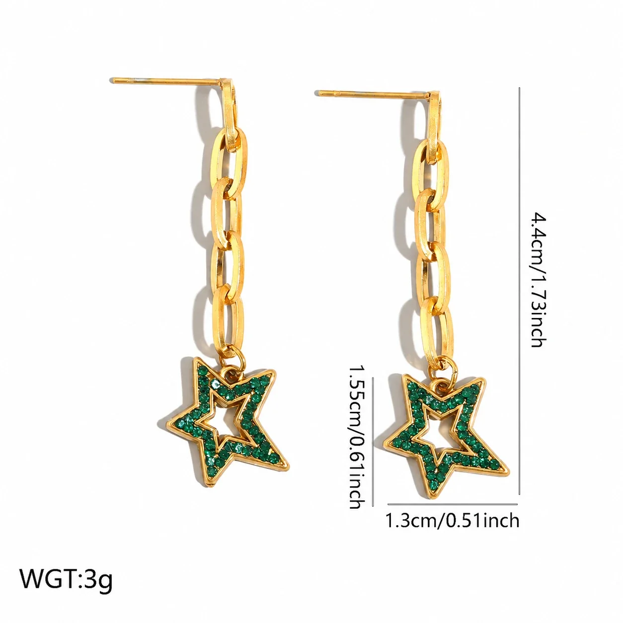 Photo produit : Boucles d'oreilles pendantes avec chaîne, motifs étoile et coquillage, acier plaqué or