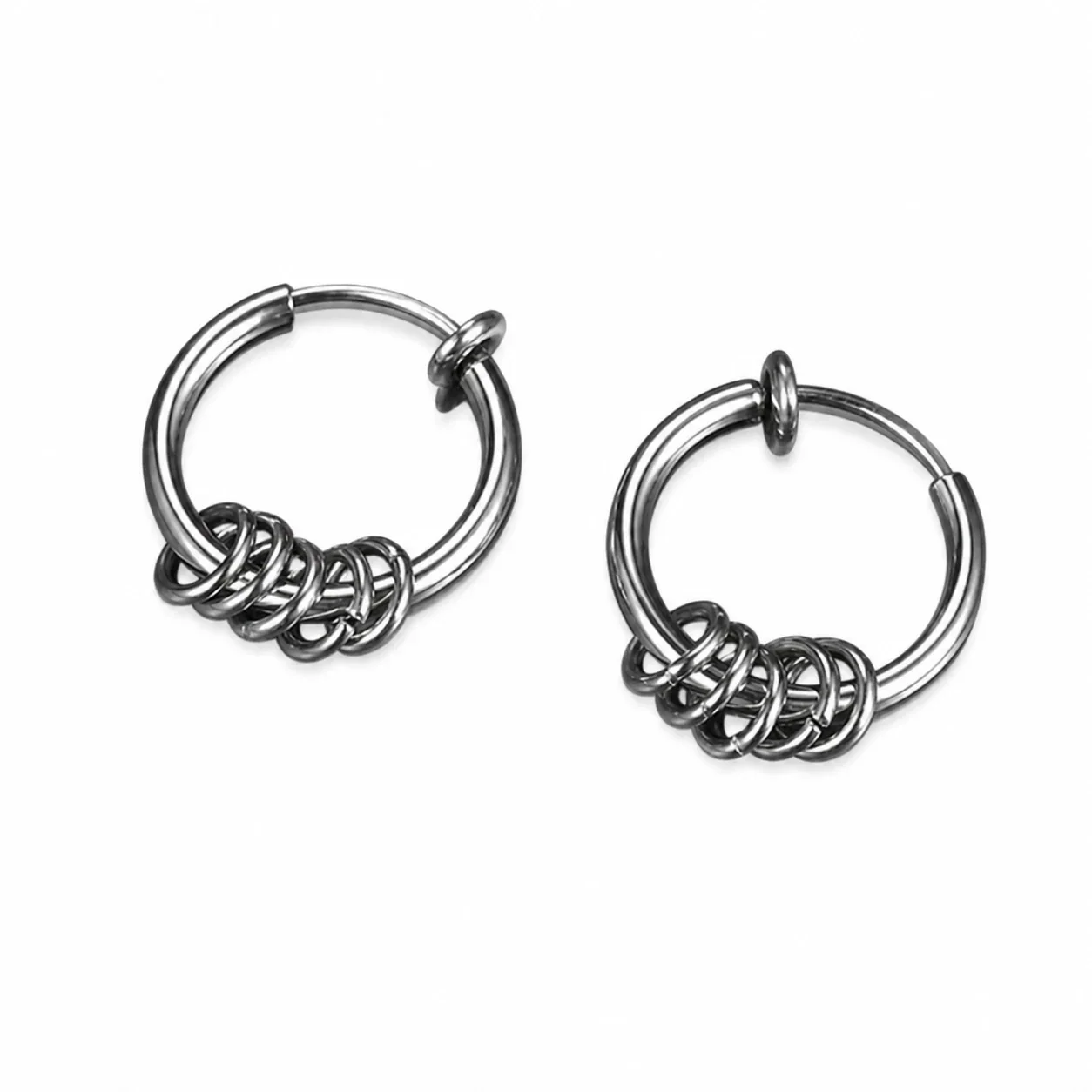 Punk Stainless Steel Silver-Tone Ring Charm Hoop Earrings