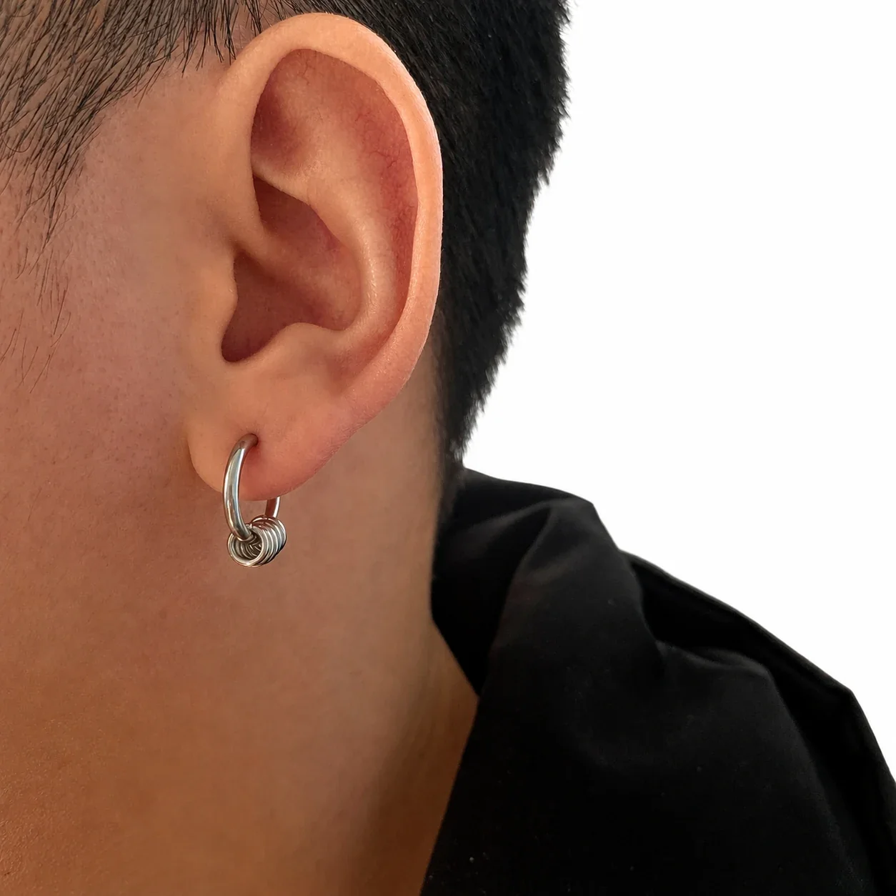 Punk Stainless Steel Silver-Tone Ring Charm Hoop Earrings