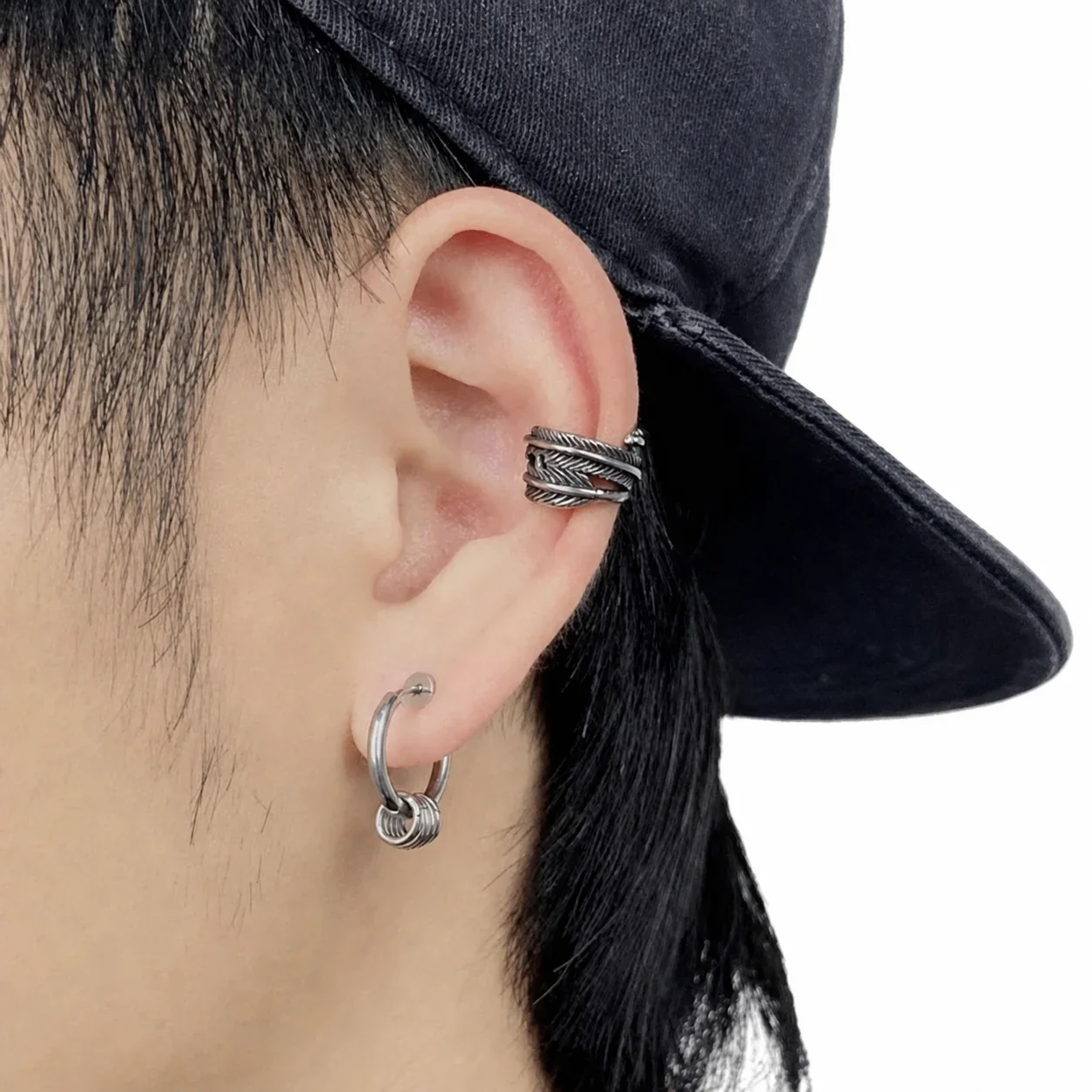 Punk Stainless Steel Silver-Tone Ring Charm Hoop Earrings