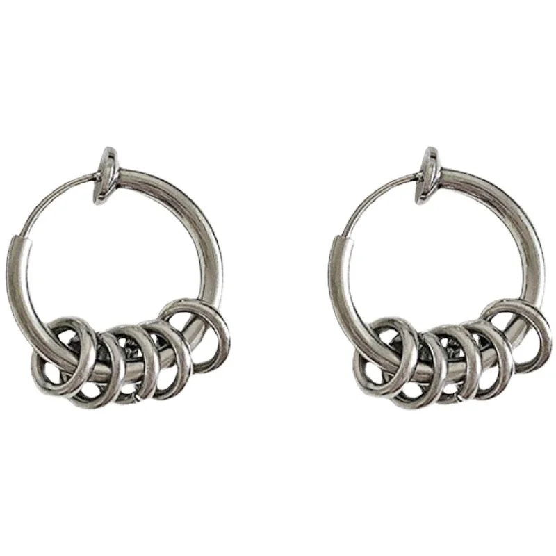 Punk Stainless Steel Silver-Tone Ring Charm Hoop Earrings