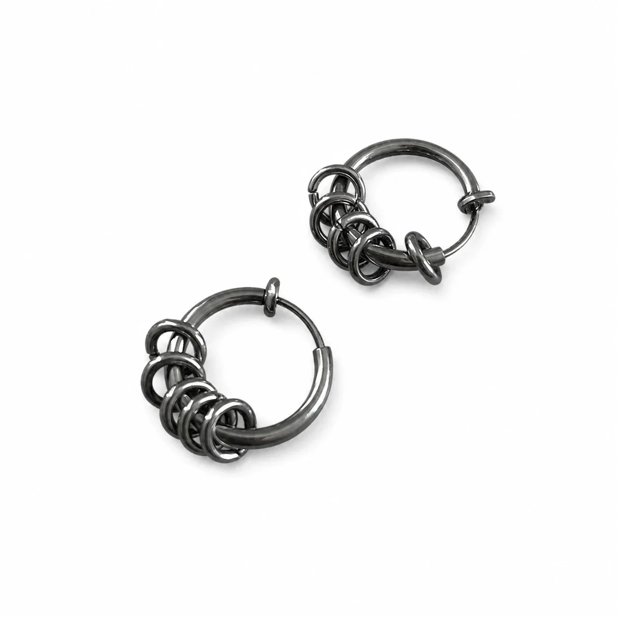 Punk Stainless Steel Silver-Tone Ring Charm Hoop Earrings - Silver mm Clip-On Hoop