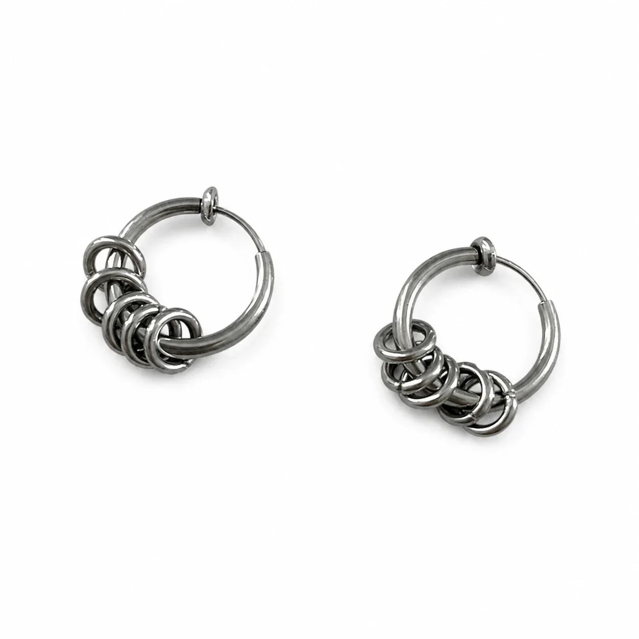 Punk Stainless Steel Silver-Tone Ring Charm Hoop Earrings - Black mm Clip-On Hoop