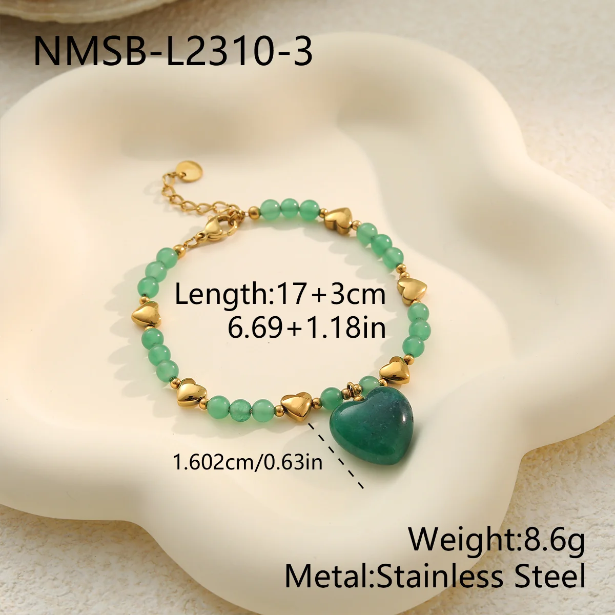Photo produit : Parure collier et bracelet à perles cœur en acier plaqué or 18K