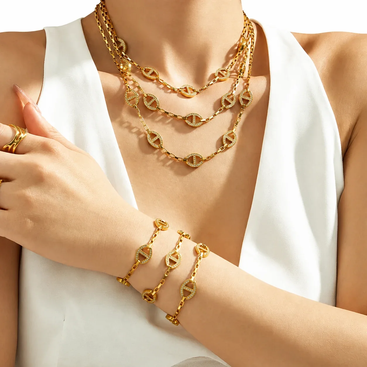Orbit CZ 316L Stainless Steel Box Chain Jewelry Set
