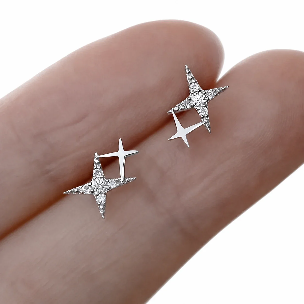 Dainty Stainless Steel CZ Double Star Stud Earrings