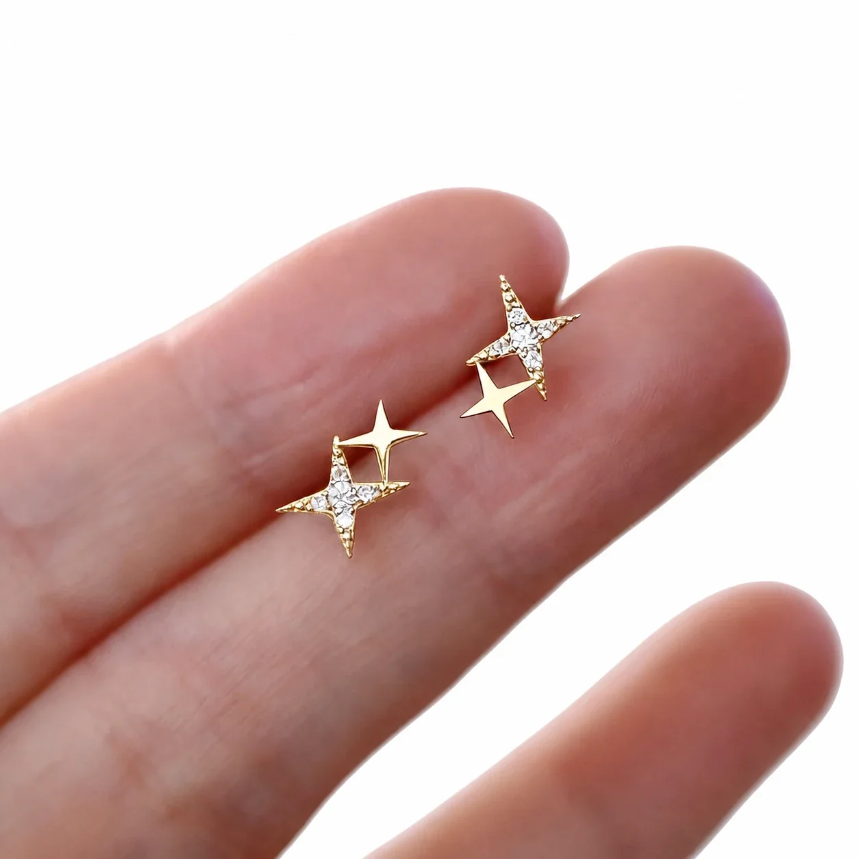 Dainty Stainless Steel CZ Double Star Stud Earrings