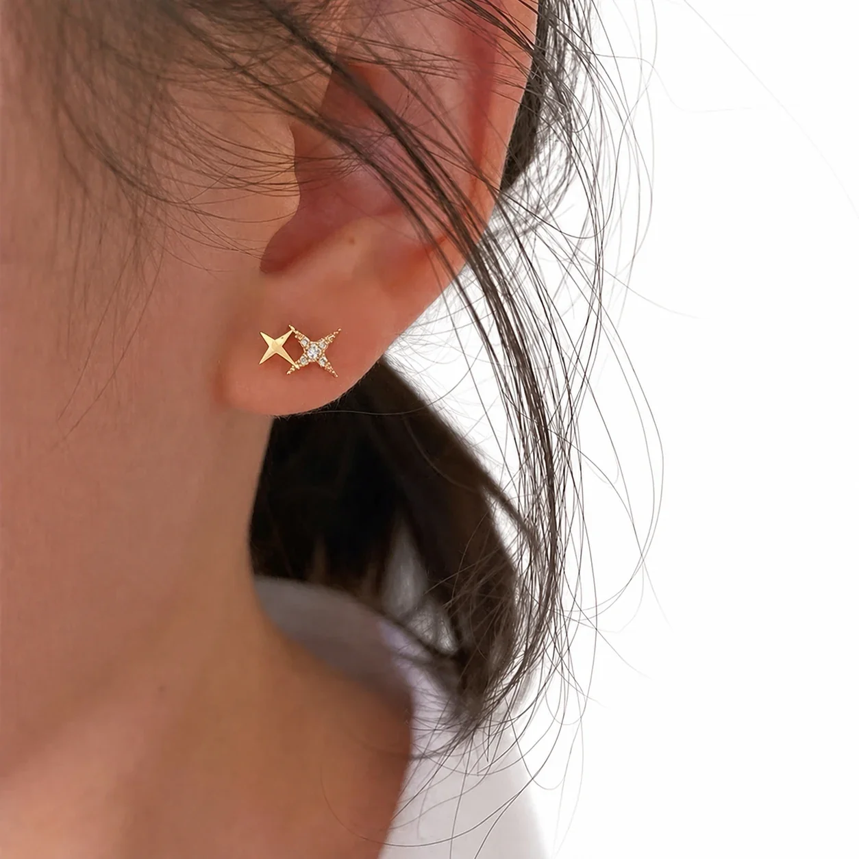 Dainty Stainless Steel CZ Double Star Stud Earrings