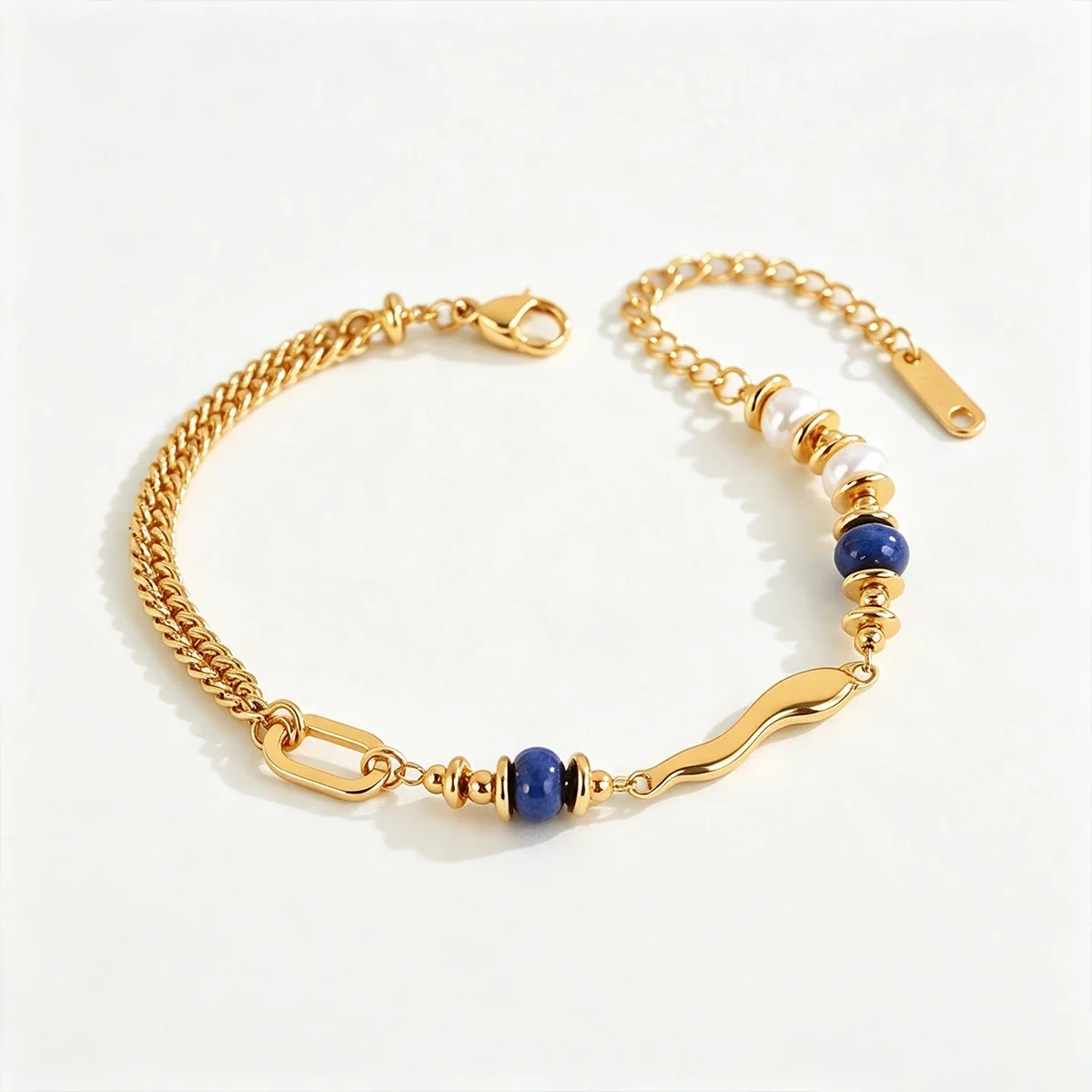Wave Link Lapis Parelarmband, 18K Verguld Staal