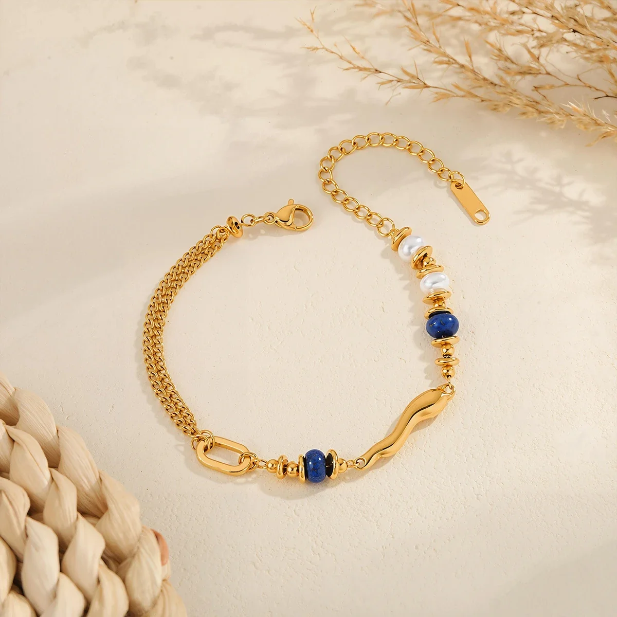 Wave Link Lapis Parelarmband, 18K Verguld Staal productfoto