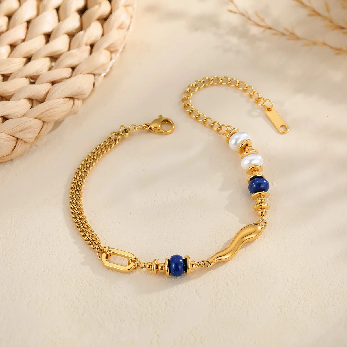 Wave Link Lapis Parelarmband, 18K Verguld Staal productfoto