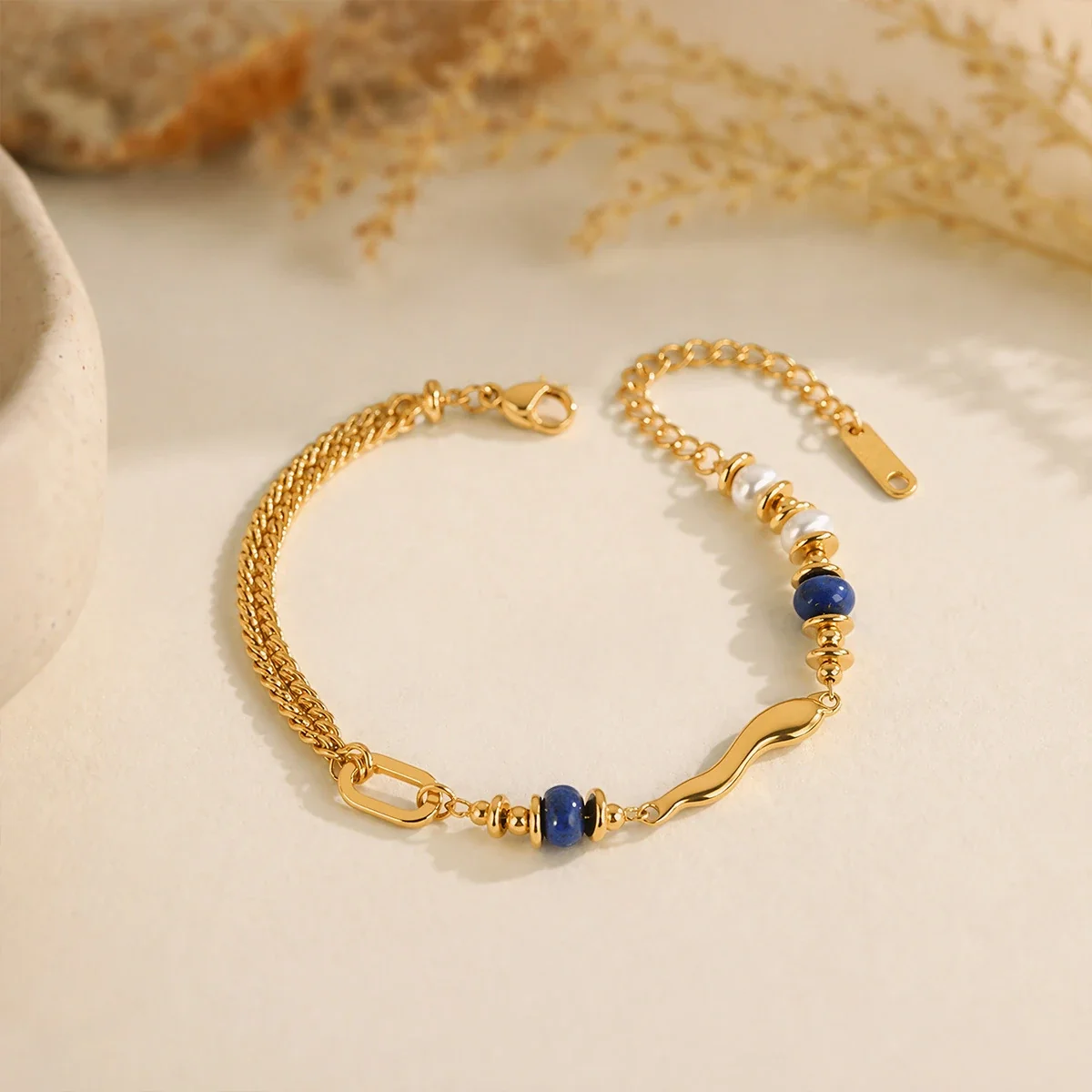 Wave Link Lapis Parelarmband, 18K Verguld Staal productfoto