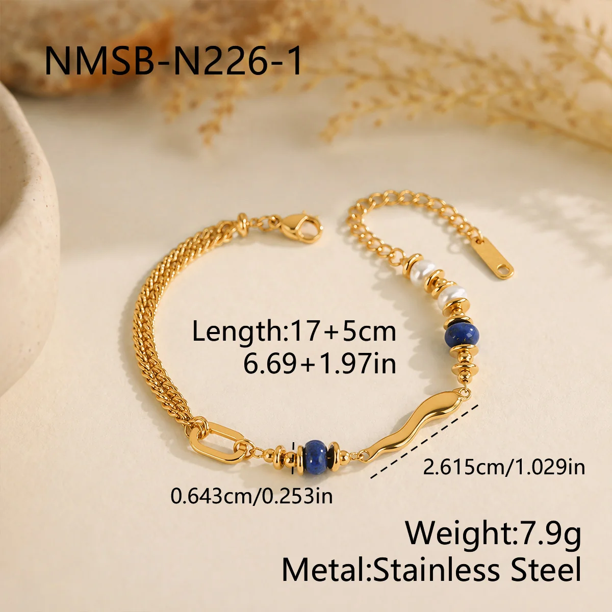 Wave Link Lapis Parelarmband, 18K Verguld Staal productfoto