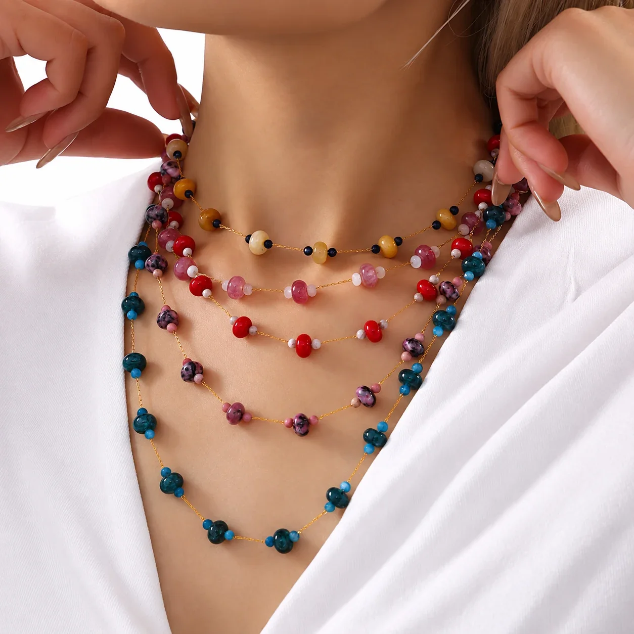 Tourmaline Bead Necklace with Rondelles, 18K Gold-Plated Steel