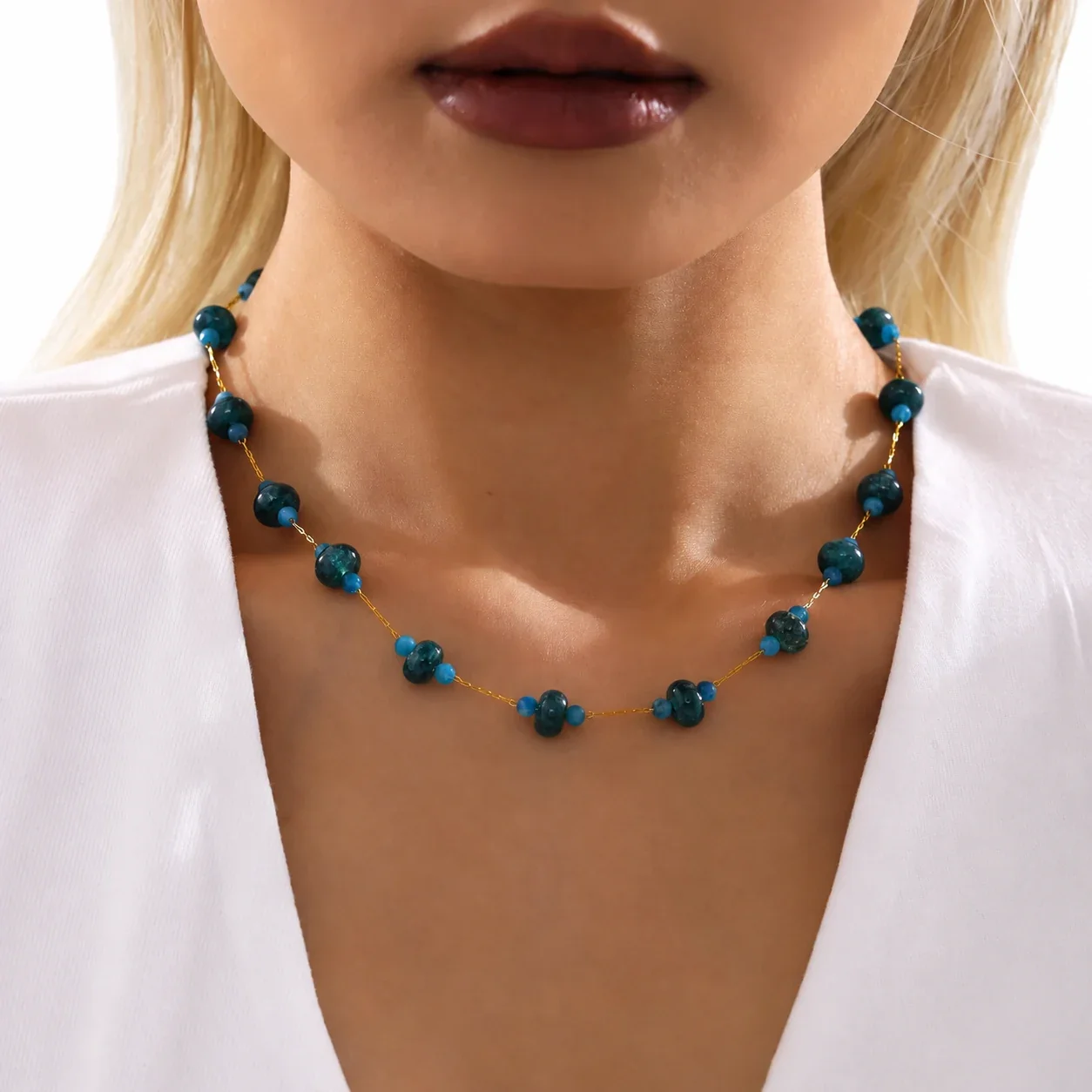 Tourmaline Bead Necklace with Rondelles, 18K Gold-Plated Steel
