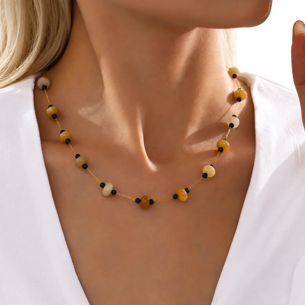 Tourmaline Bead Necklace with Rondelles, 18K Gold-Plated Steel