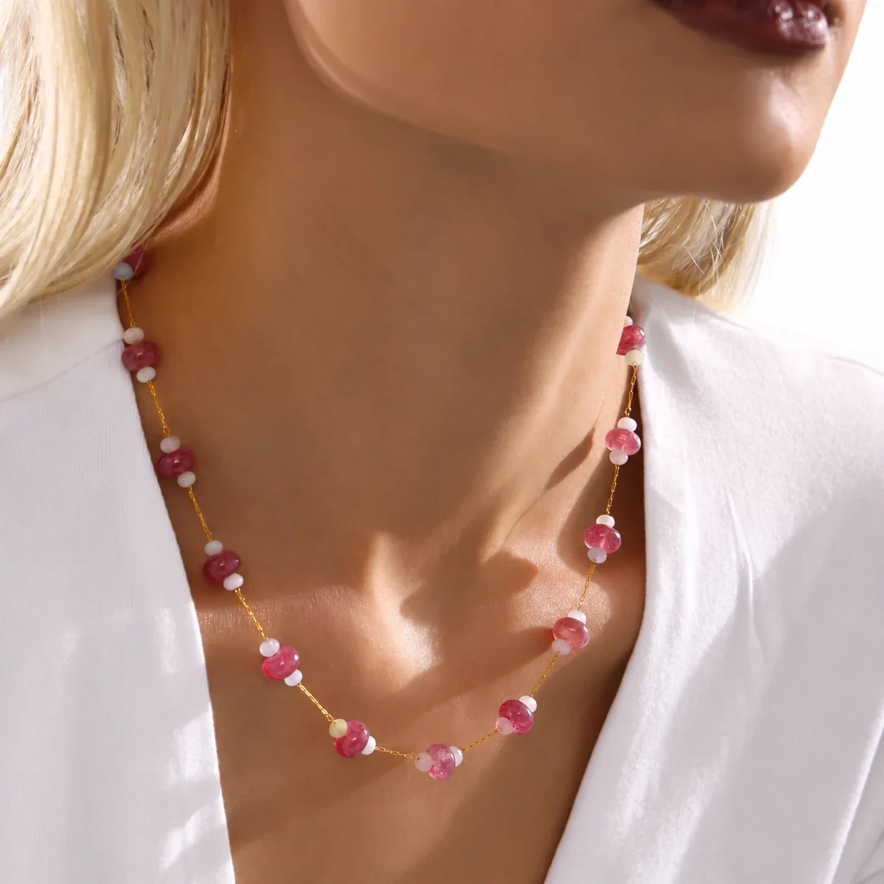 Tourmaline Bead Necklace with Rondelles, 18K Gold-Plated Steel