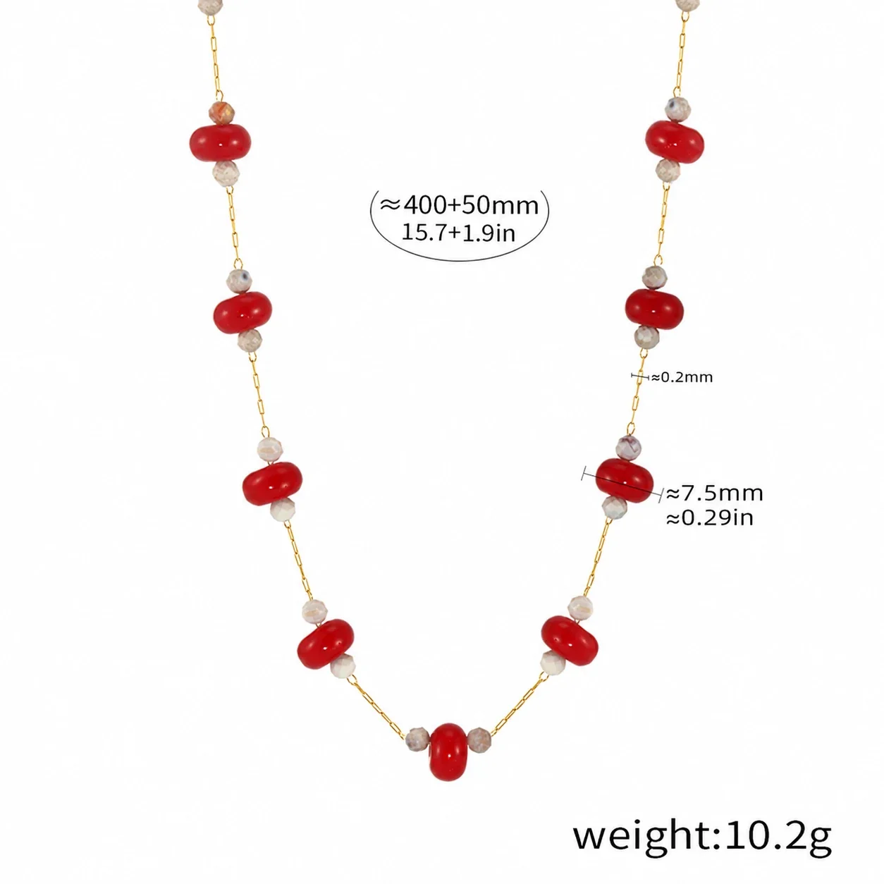 Tourmaline Bead Necklace with Rondelles, 18K Gold-Plated Steel - Red Natural Stone