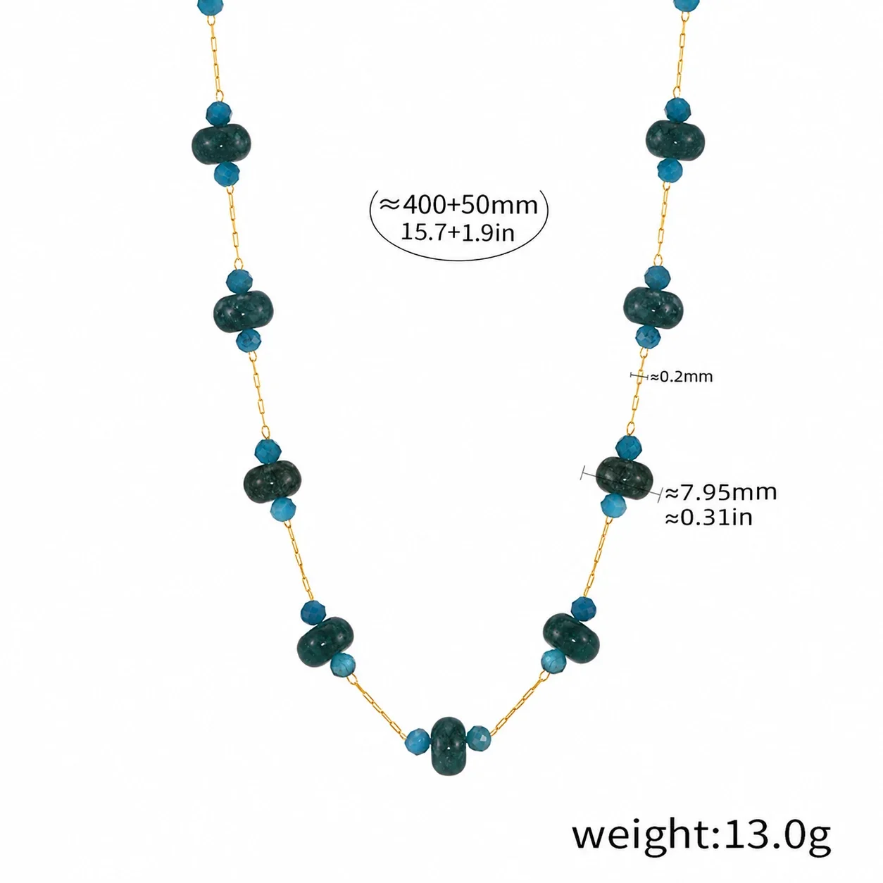 Tourmaline Bead Necklace with Rondelles, 18K Gold-Plated Steel - Blue Natural Stone