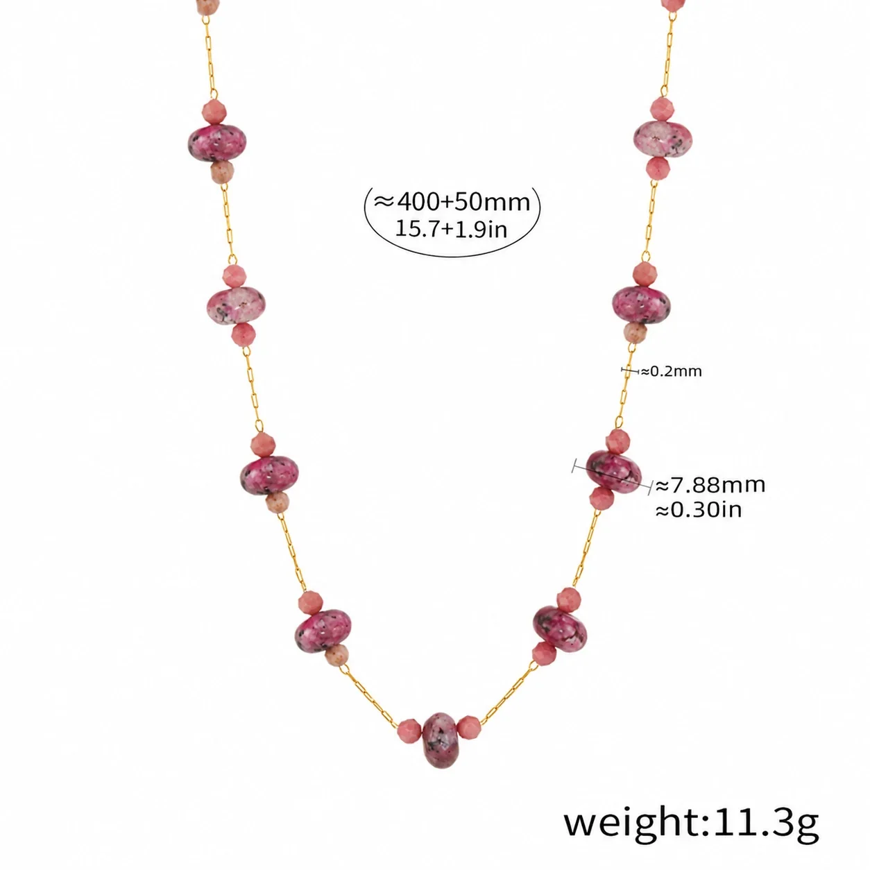 Tourmaline Bead Necklace with Rondelles, 18K Gold-Plated Steel - Pink Natural Stone