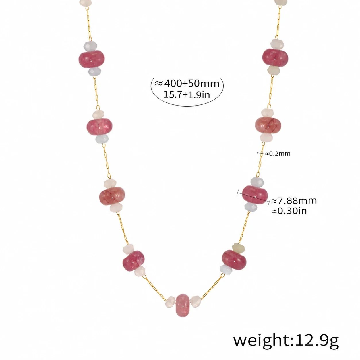 Tourmaline Bead Necklace with Rondelles, 18K Gold-Plated Steel - Mixed Pink Natural Stone