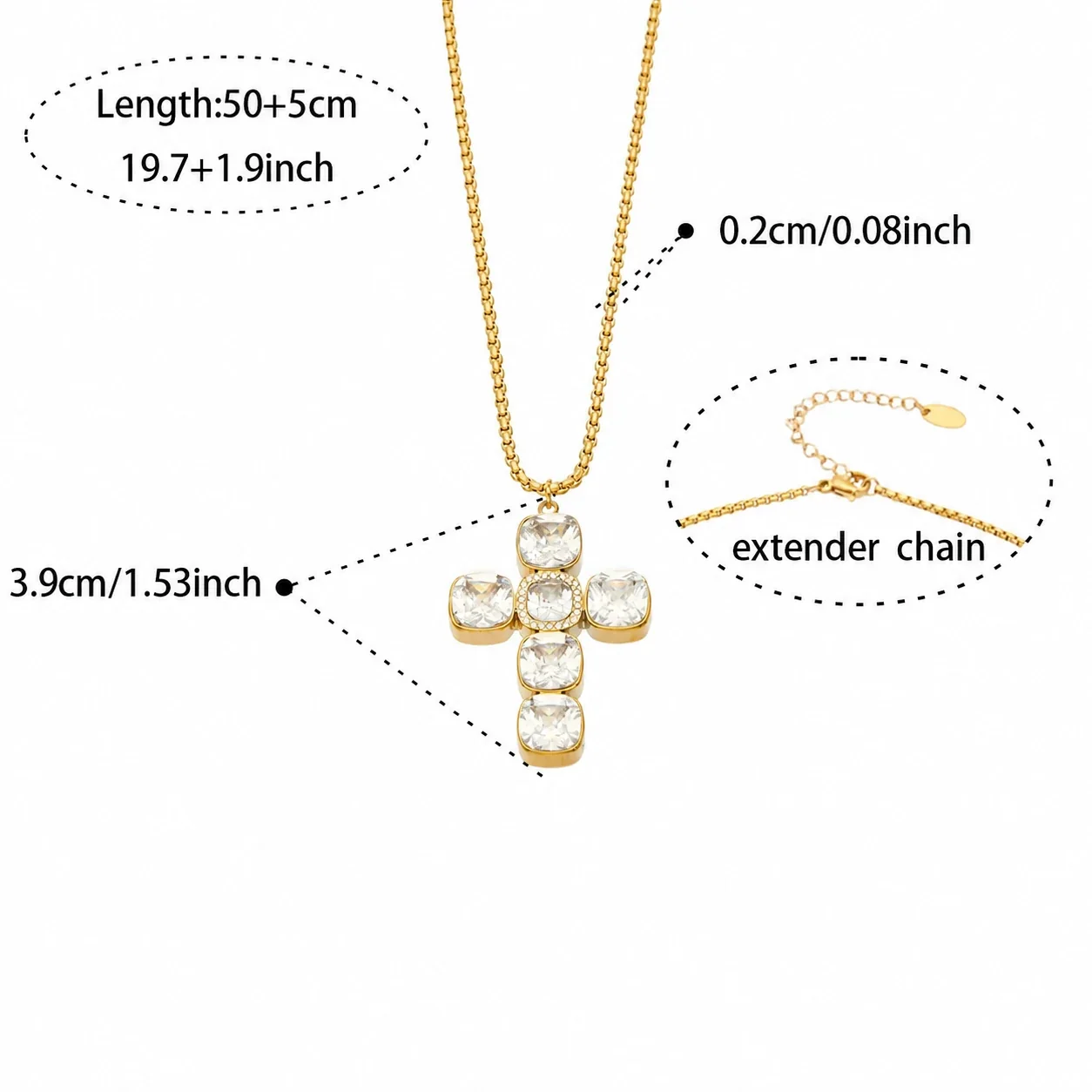 Cross Pendant Necklace with Cubic Zirconia and Gold PVD - Gold Square Cubic Zirconia Cross With , 50 + 5 cm
